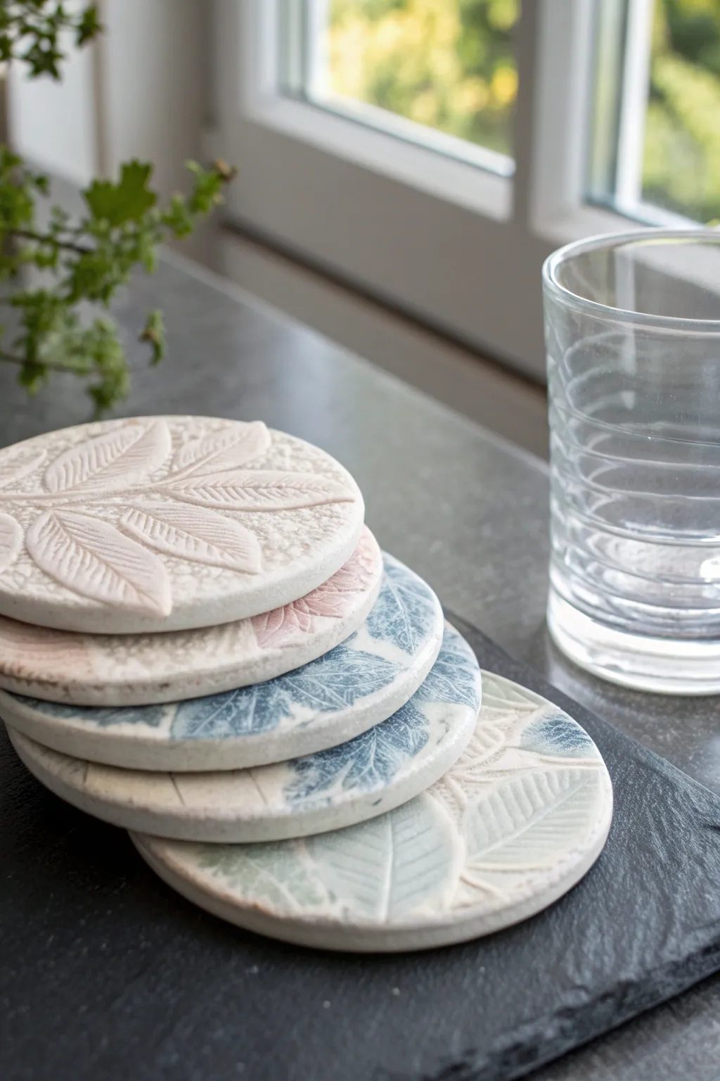 Stack of four leaf and lace textured ceramic coasters, a simple DIY with boho Scandinavian charm.
