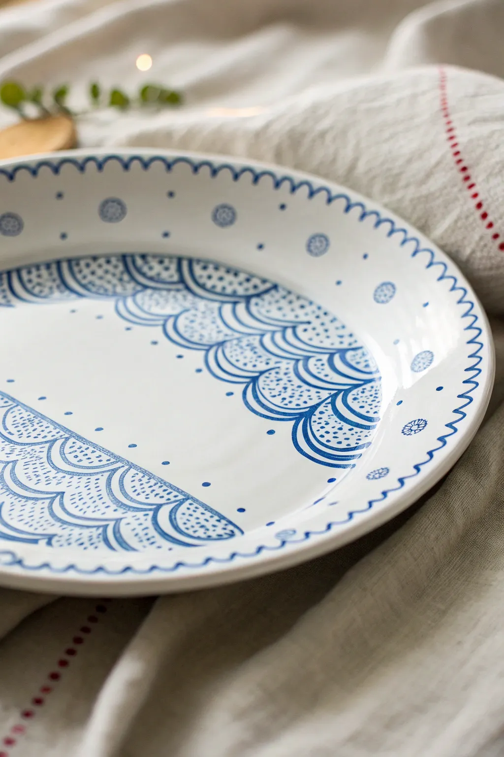 Easy blue linework turns a plain white plate into a timeless Scandinavian-boho classic.