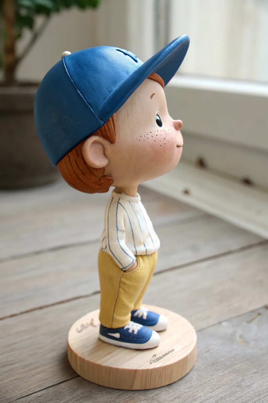 DIY-friendly baseball cap kid clay bobblehead with oversized charm in bold, minimal style.
