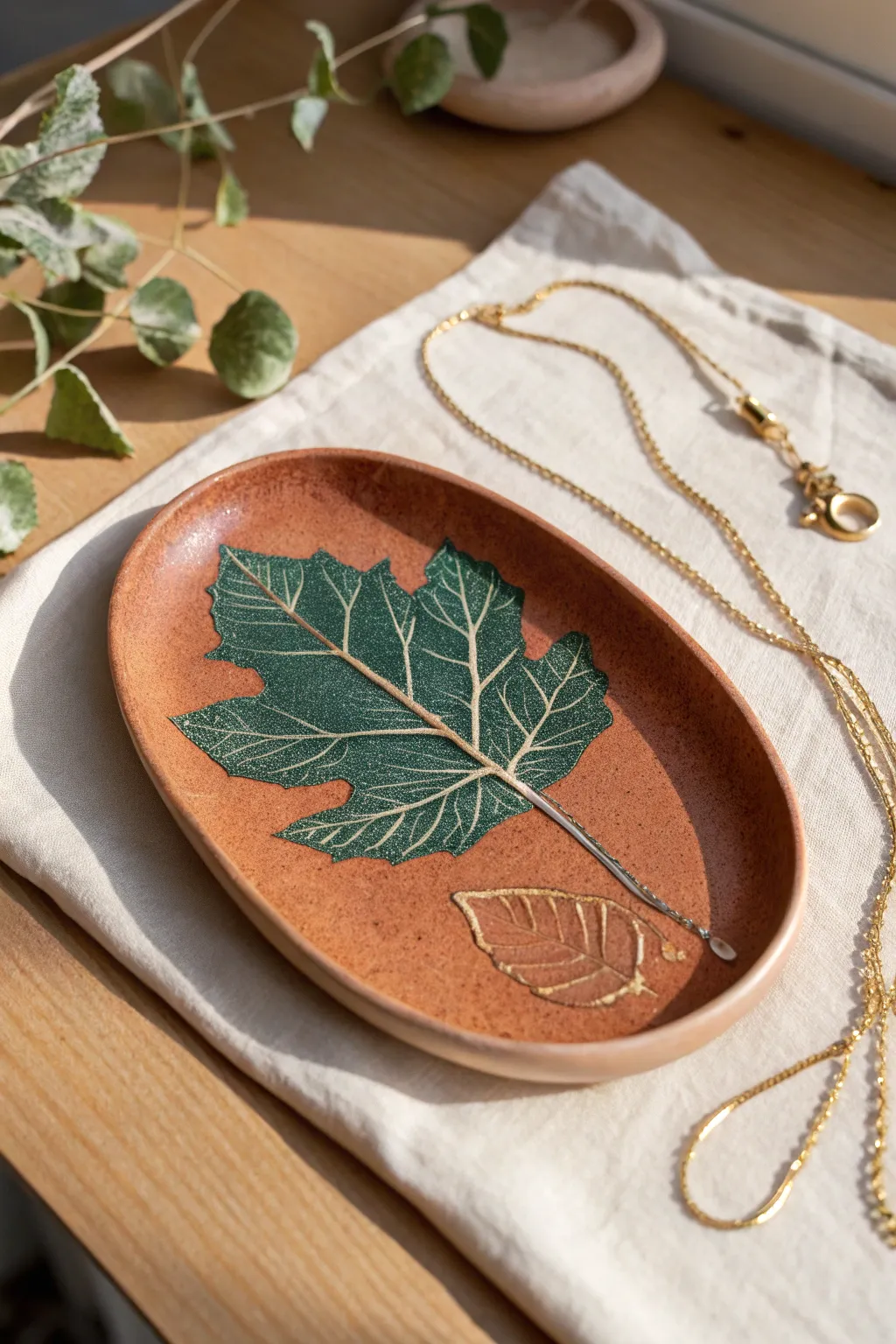 DIY leaf-imprint jewelry tray: simple slab pottery with bold painted veins and a draped necklace.
