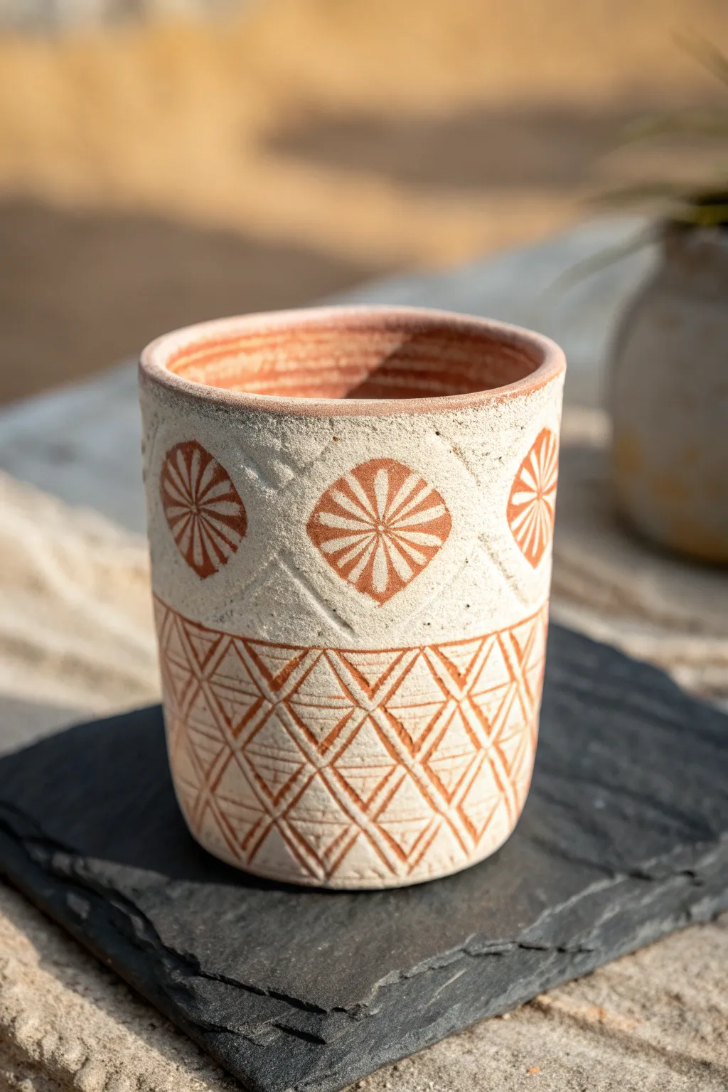 Stamped texture wrap cup with soft glaze, minimalist boho vibes in bold, earthy color.