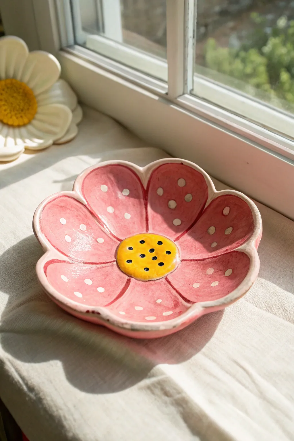 Bold pink clay cartoon flower with dotted yellow center, a cheerful easy project for beginners.