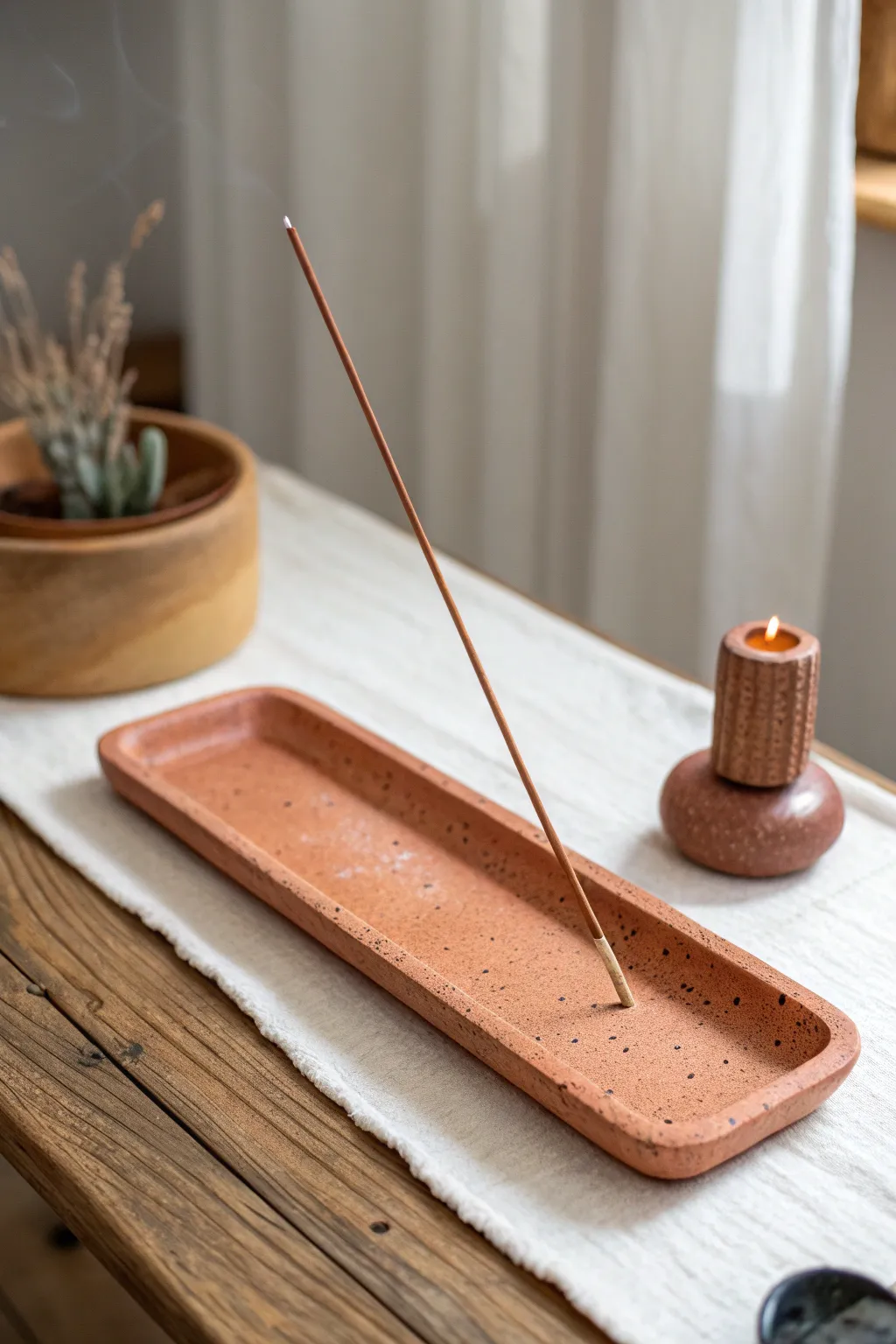 Minimal clay incense holder tray in bold terracotta, calm spa styling and Scandinavian simplicity.
