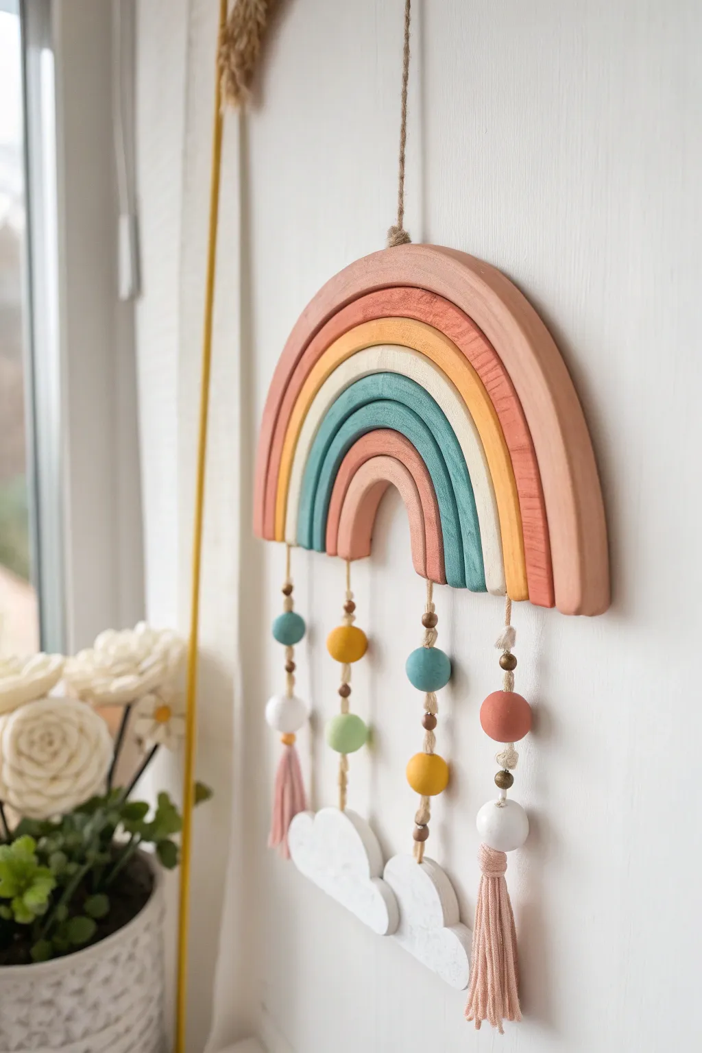 Sweet clay rainbow cloud wall hanging with bold bands and dangling beads for easy kid-friendly decor.