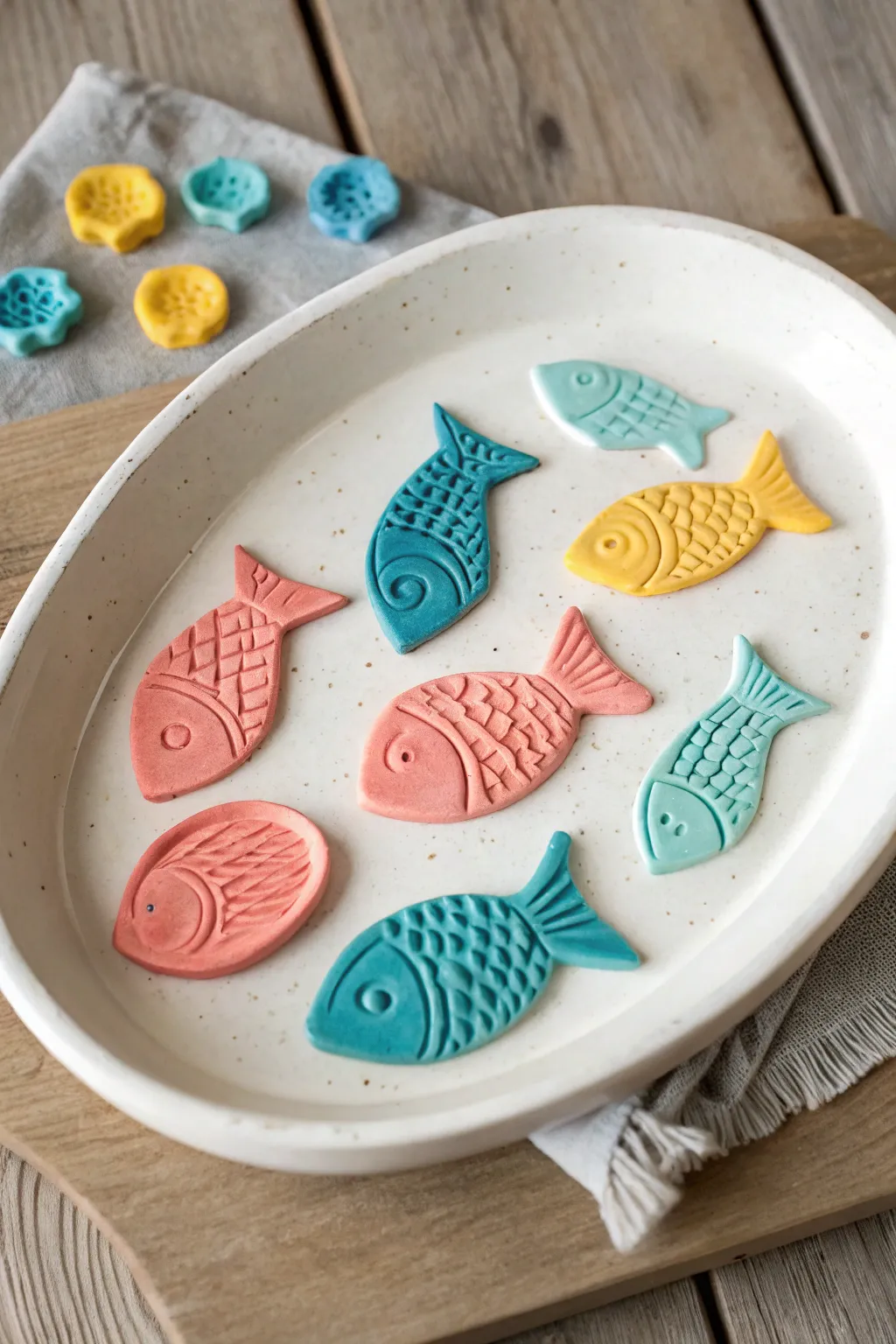 Bright thumbprint fish and sea shapes on a minimalist tray, easy preschool clay ocean fun