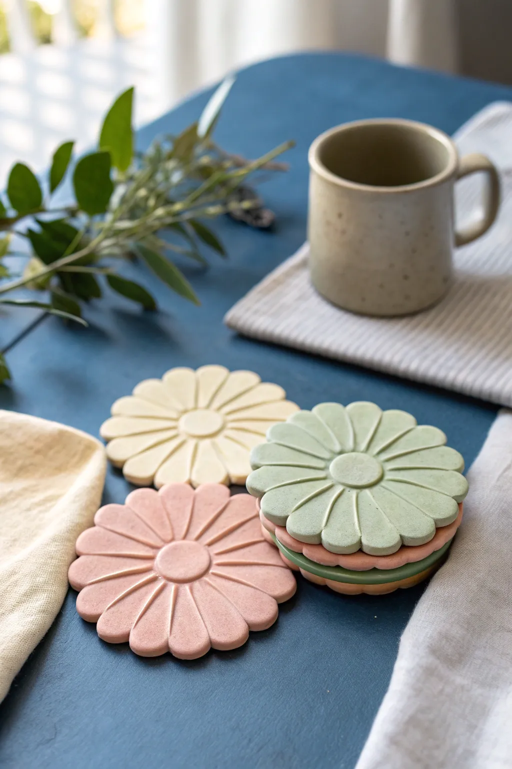 Soft daisy clay coasters in pastel tones, stacked on a bold tabletop for easy DIY inspo.