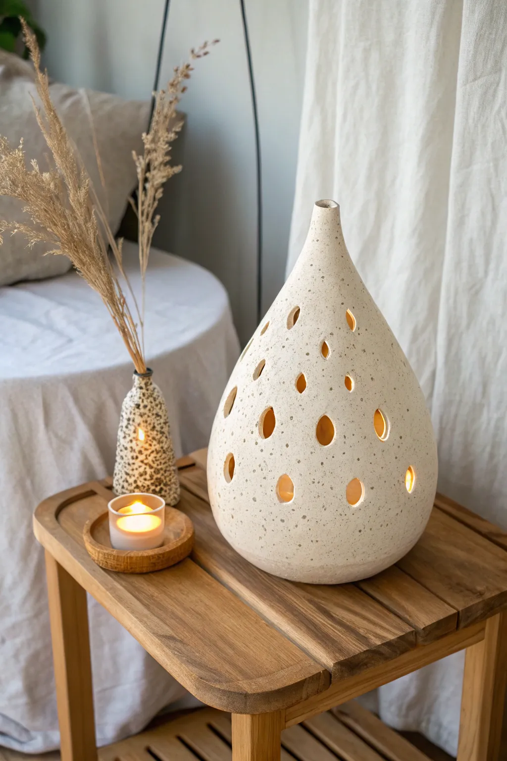 Teardrop pinch lantern with bold cutouts and pinpricks, glowing softly on a minimalist table.
