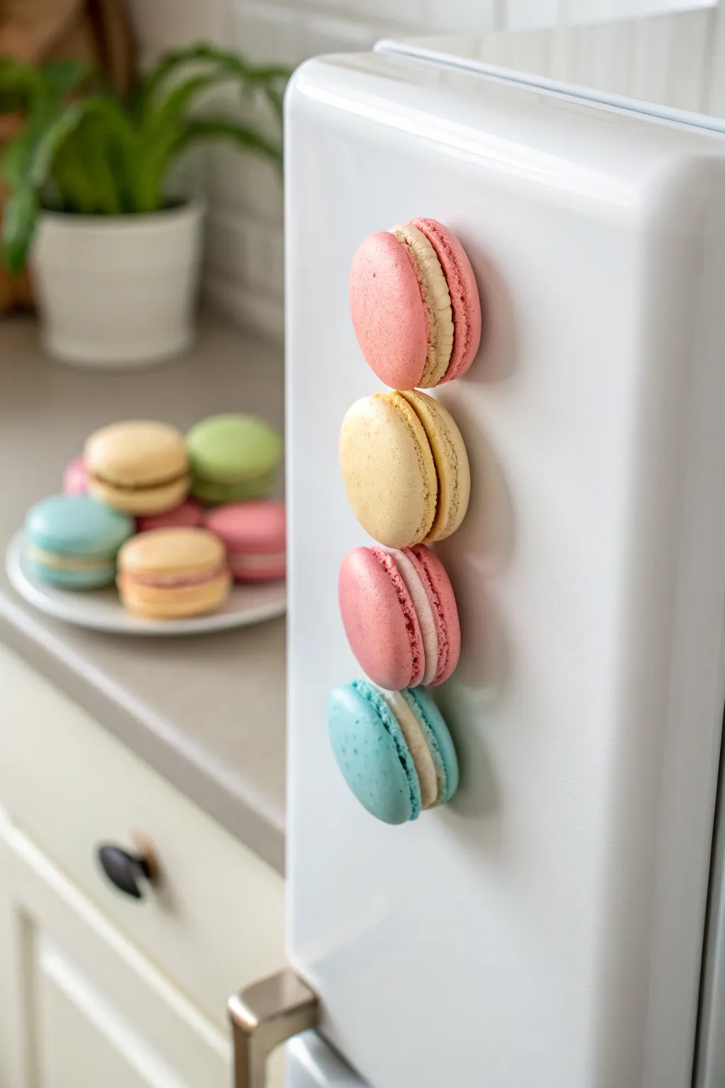 Pastel macaron sandwich magnets with a minimalist boho vibe, a sweet pop of color for any fridge.