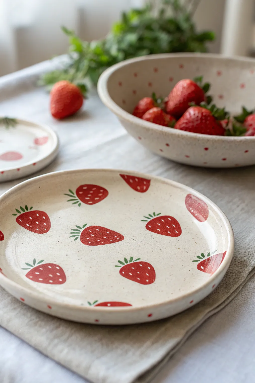 Simple strawberry icons on a handmade snack plate, a sweet beginner-friendly clay painting idea.