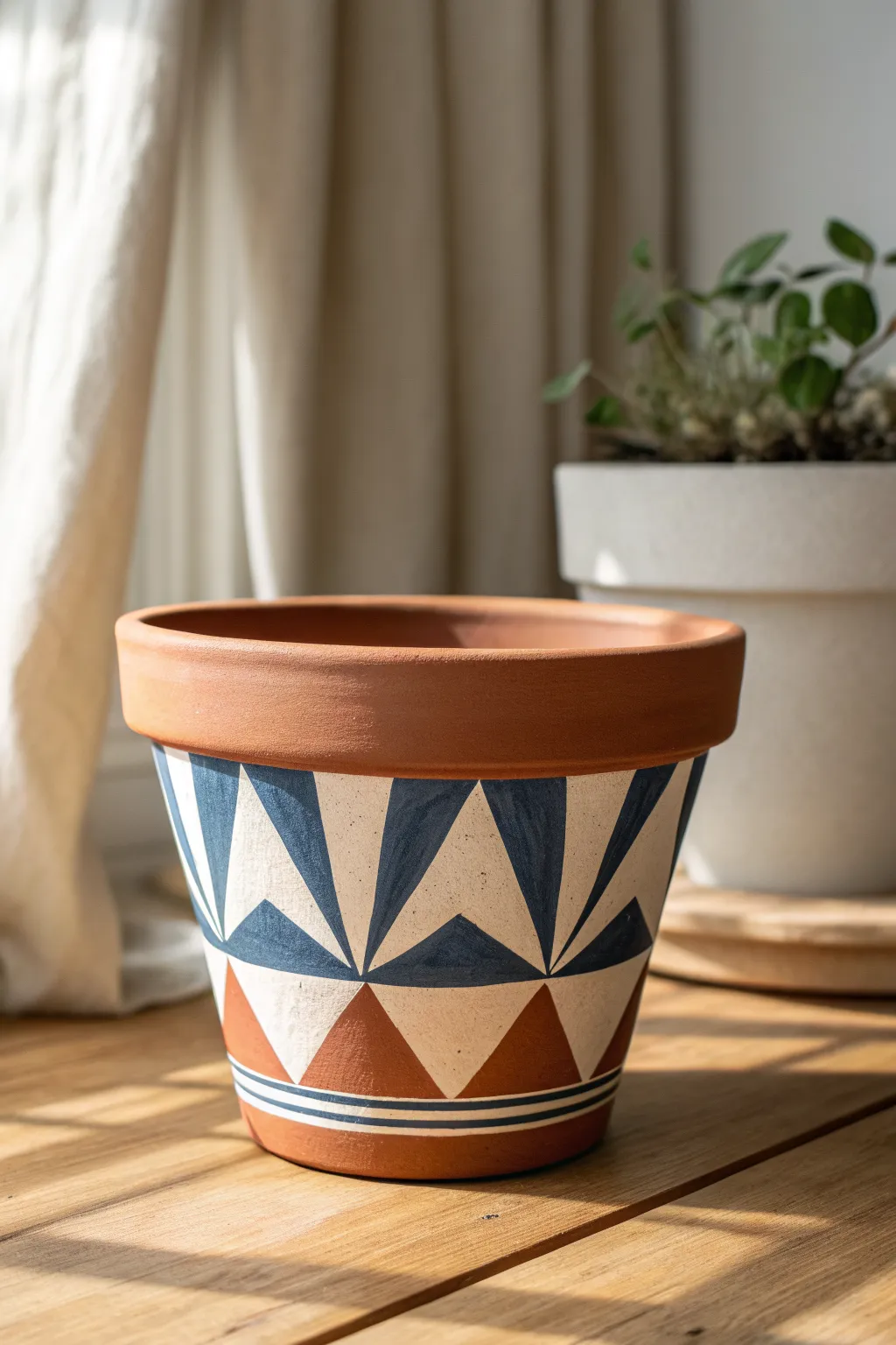 Clean-line geometric tape pot in terracotta and bold color blocks for an easy modern clay DIY.