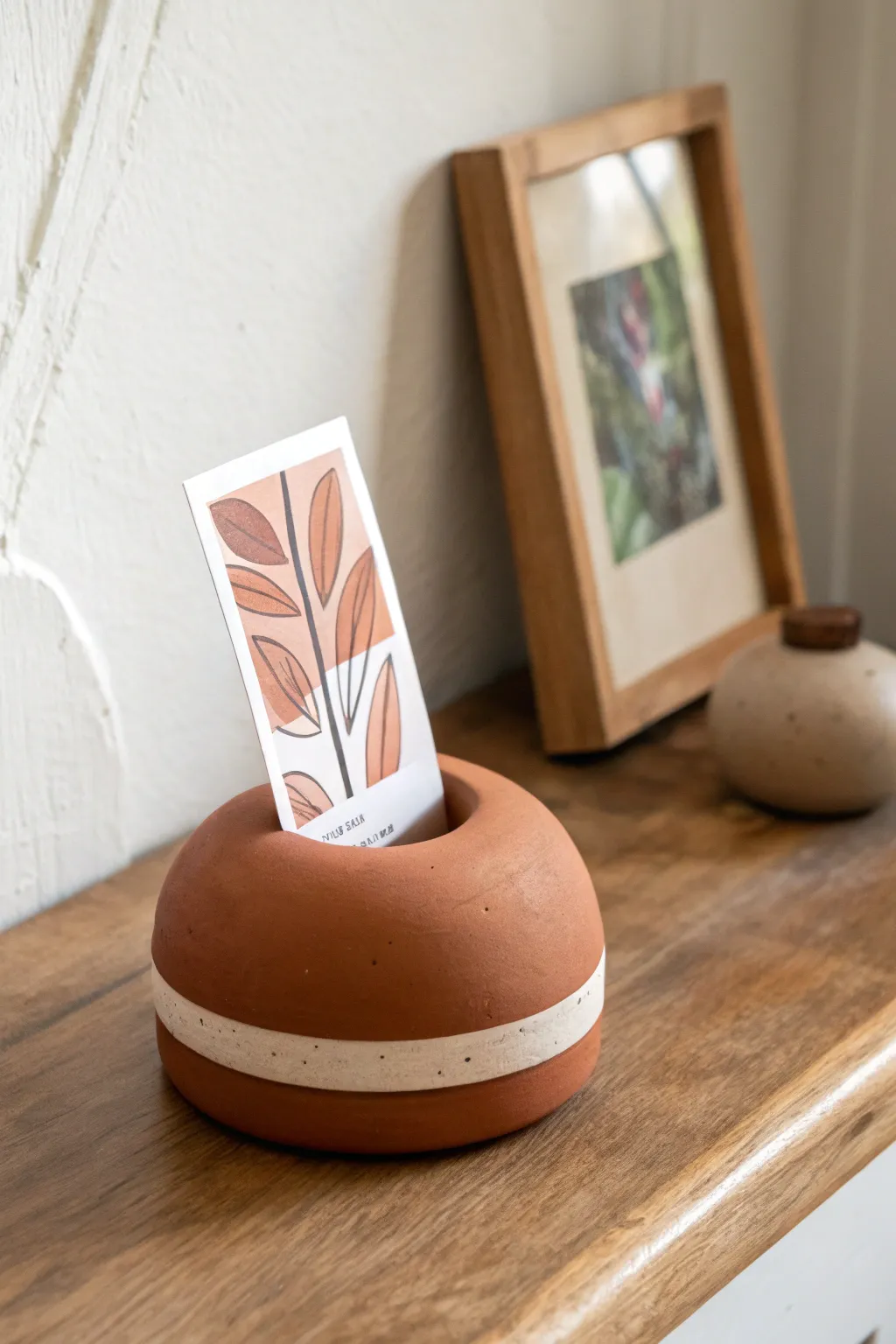 Minimal clay photo holder with a bold matte glaze and clean slit, simple to make and stylish to display.