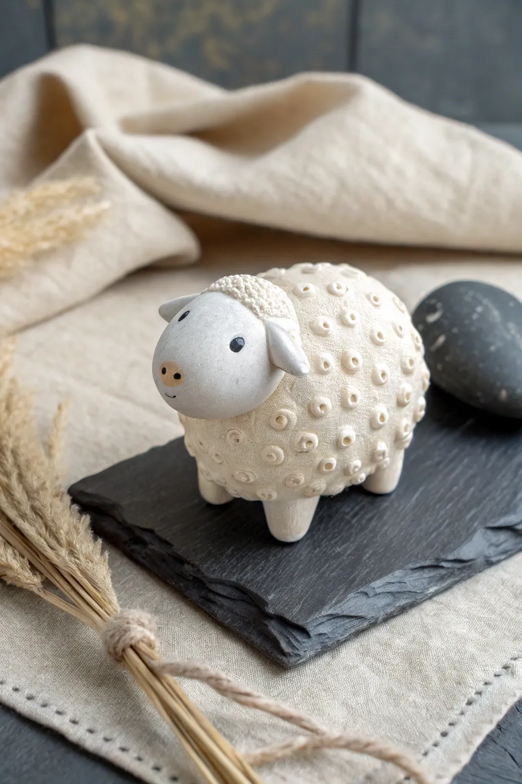Fluffy sheep clay rattle in cream and gray, simple handmade charm with crisp contrast and texture.