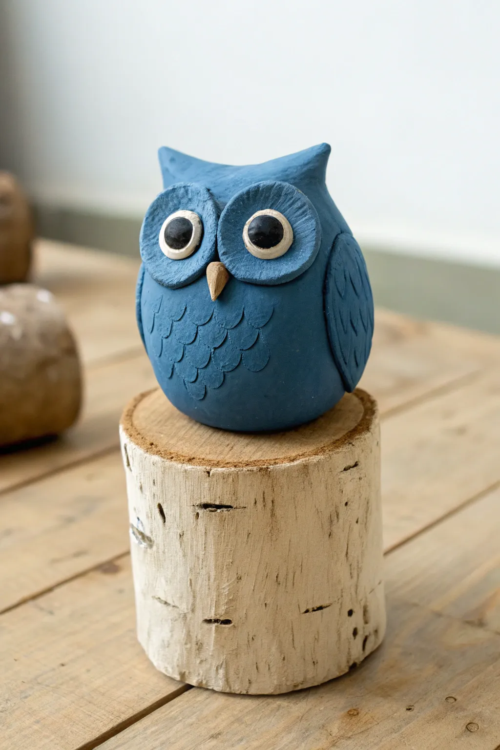 Wide-eyed clay owl perched on a tiny stump, a sweet kid-friendly sculpture with bold color pop