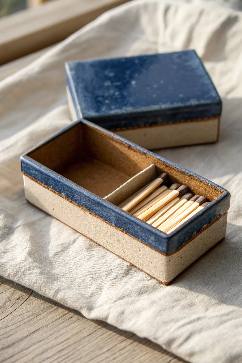 Matchbox-style slab box with a sliding tray, bold cobalt glaze, simple lines and cozy texture.