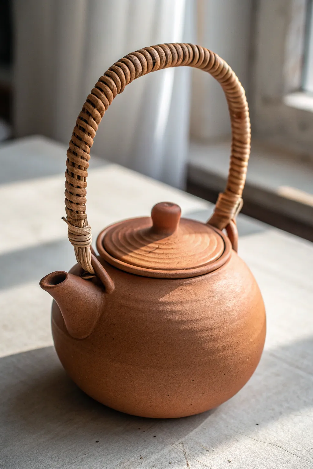 Cozy coil handle teapot in warm terracotta clay, simple satin finish, handmade and beginner friendly.