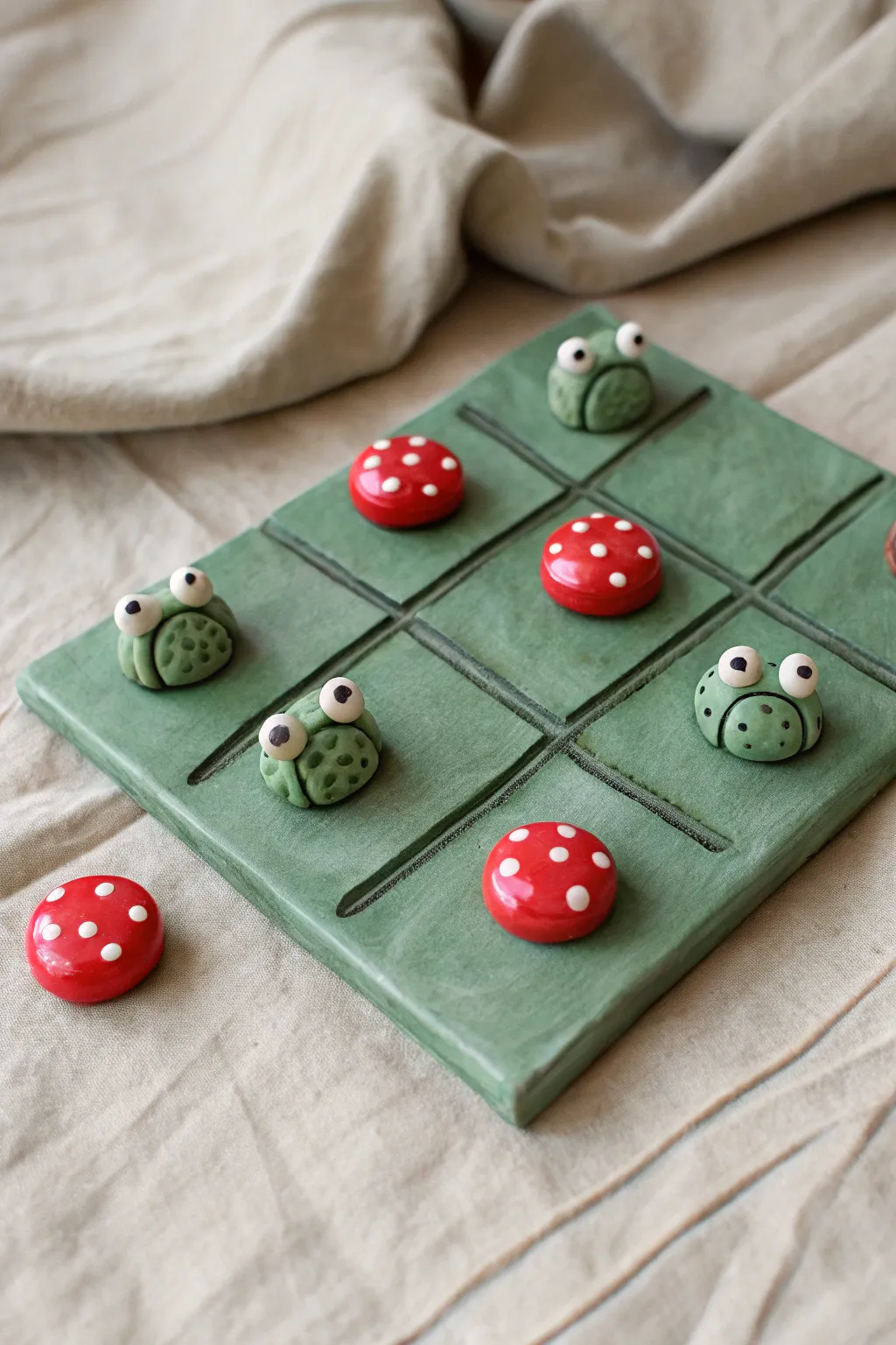 Cute frog vs mushroom clay tic tac toe set on a minimalist green board, perfect weekend craft.