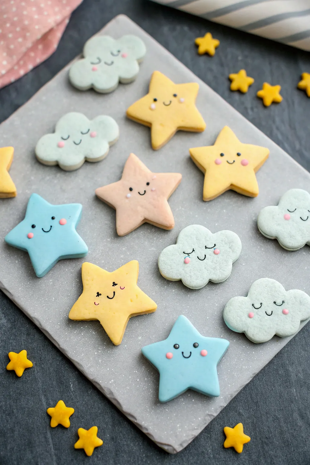Sleepy cloud and star clay fridge magnets in pastel blue and buttery yellow, neatly gridded.