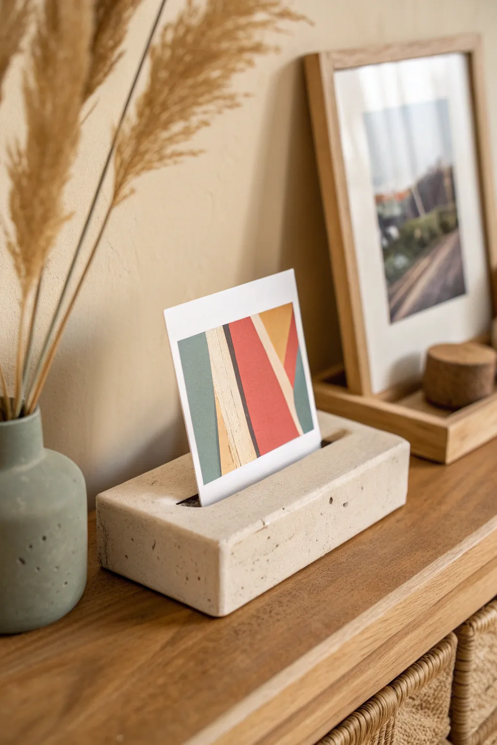Minimal air-dry clay photo holder with a bold postcard for a clean Scandinavian shelf moment.