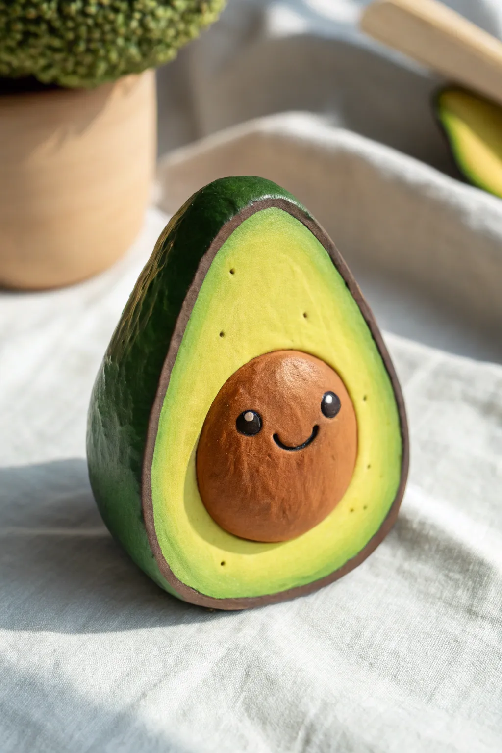 Sweet happy clay avocado in bold color blocks, minimalist boho look, beginner friendly.