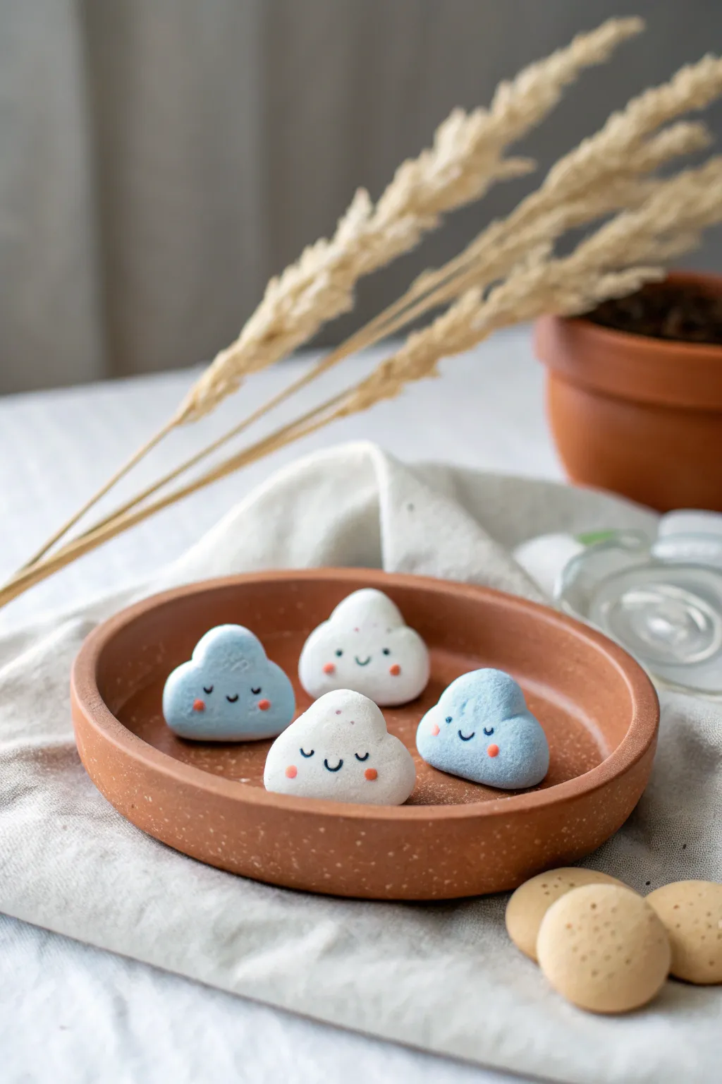 Sweet cloud and raindrop minis in pale blue and white, a simple clay project with Nordic calm.