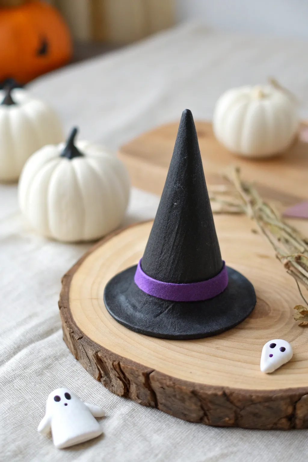 Mini polymer clay witch hat topper in bold black and purple, a simple Halloween finishing touch