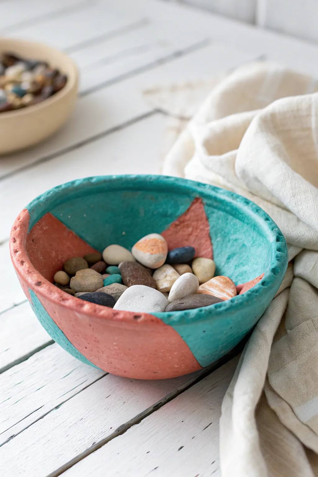 Bright handmade pinch pot treasure bowl with beads and pebbles, minimalist boho style.
