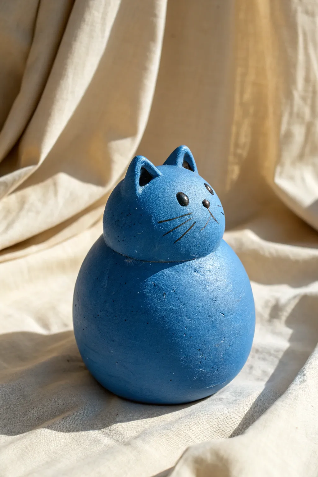 Chubby two-ball clay cat, simple ears and face, bold color on neutral backdrop—easy and cute.