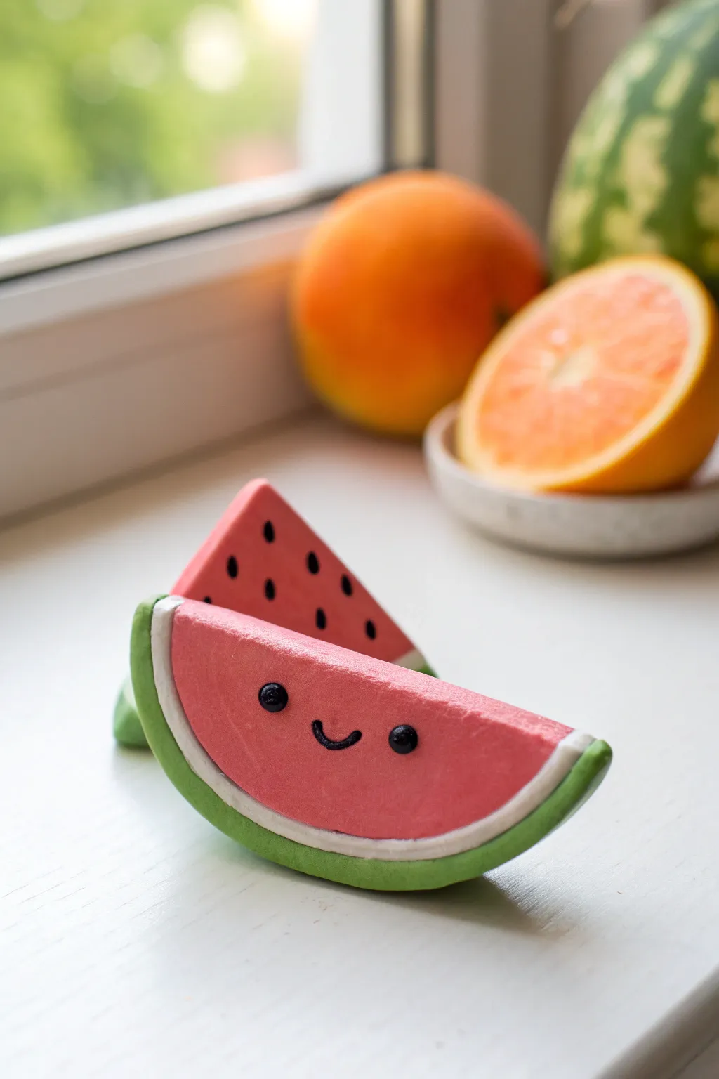 Adorable fruit slice clay magnets with sweet faces, bright colors, and clean minimalist styling.