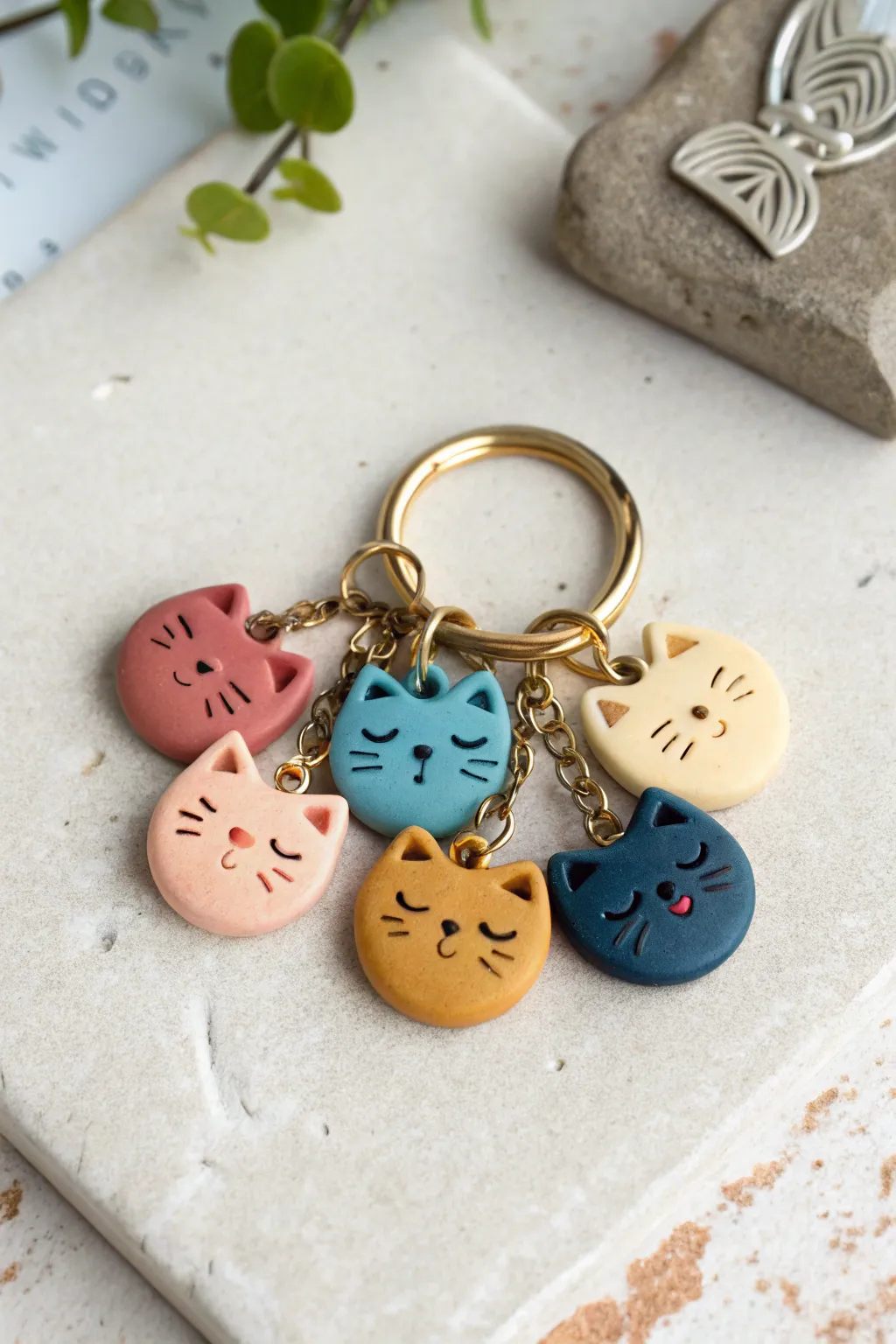 Beginner-friendly chubby cat face polymer clay charms in bold colors, Scandi-boho cute.