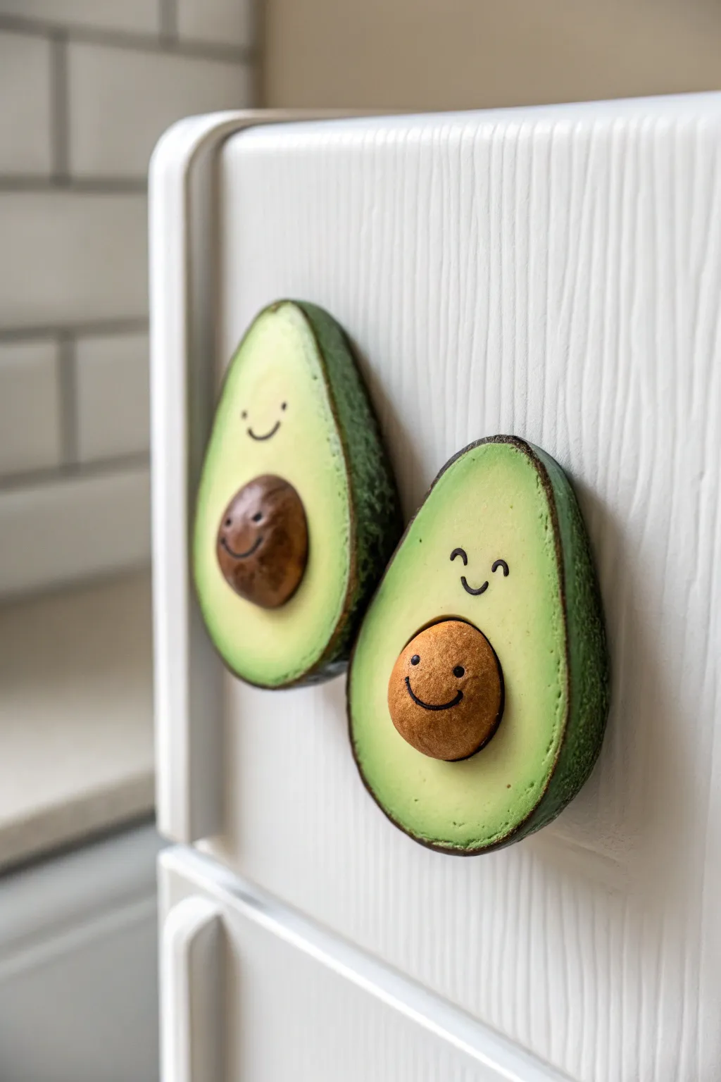 Cute avocado polymer clay magnets with smiley faces, minimalist and bright on a clean fridge