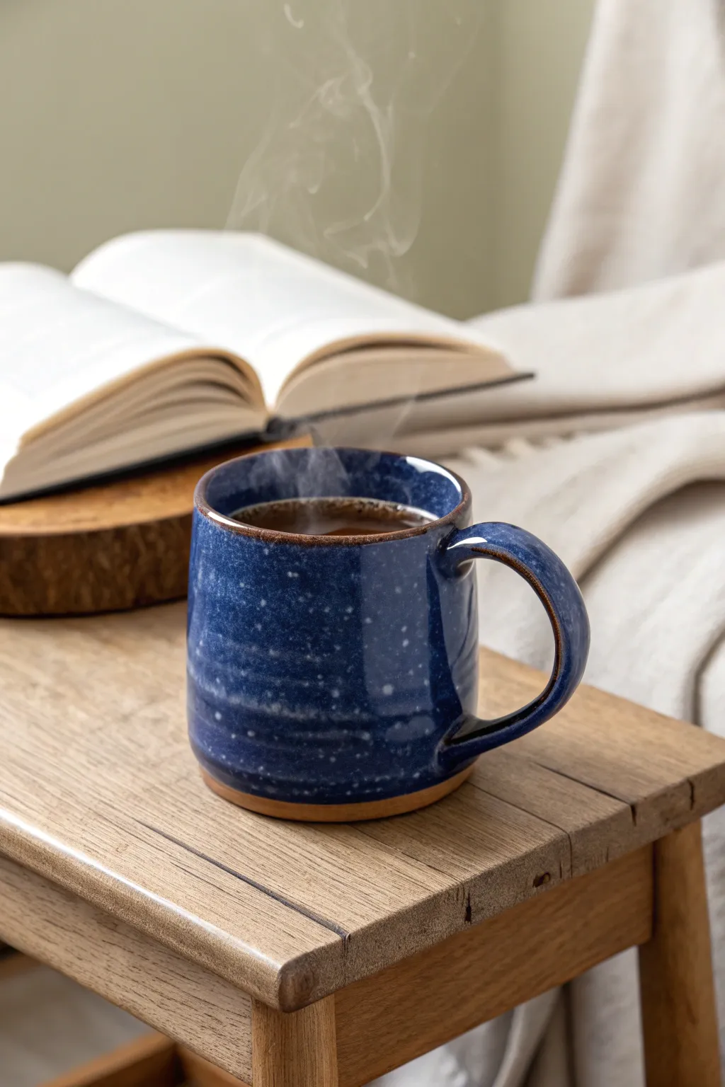 Chunky slab mug with simple strap handle, single glaze, cozy tea table minimal styling