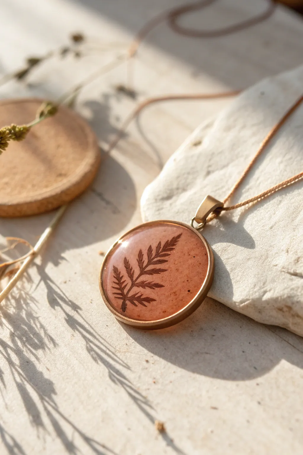 Minimal botanical epoxy clay pendant with pressed leaf texture, earthy tones, and modern contrast