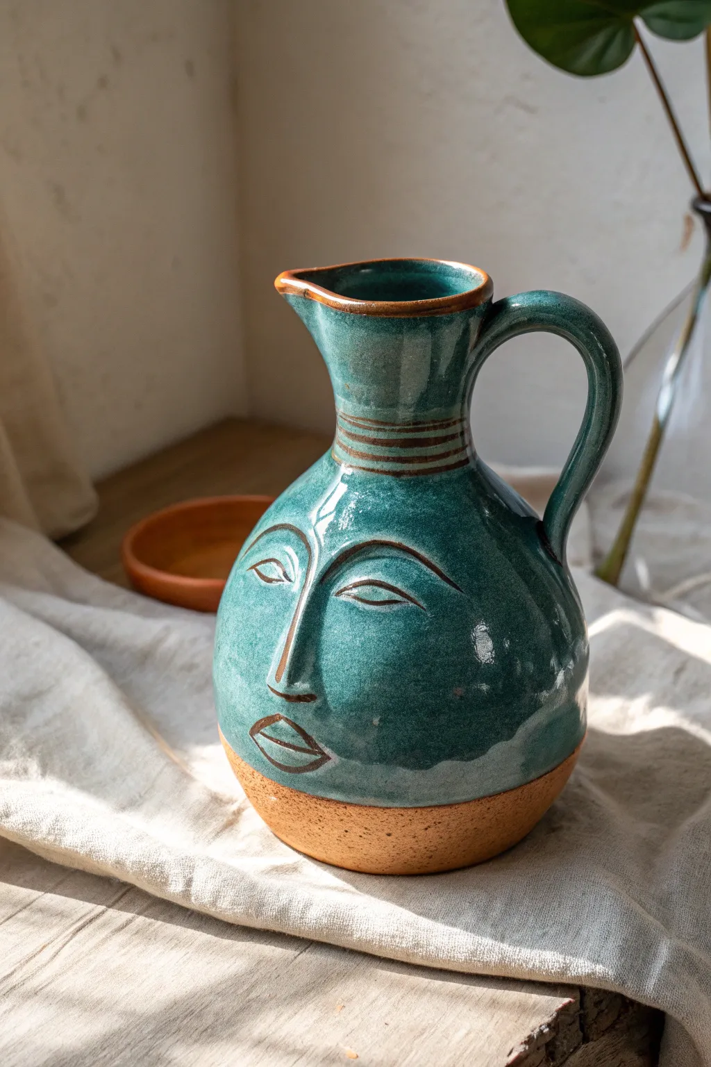 A spout-as-nose face jug in bold teal glaze, simple lines and handcrafted charm with high contrast.