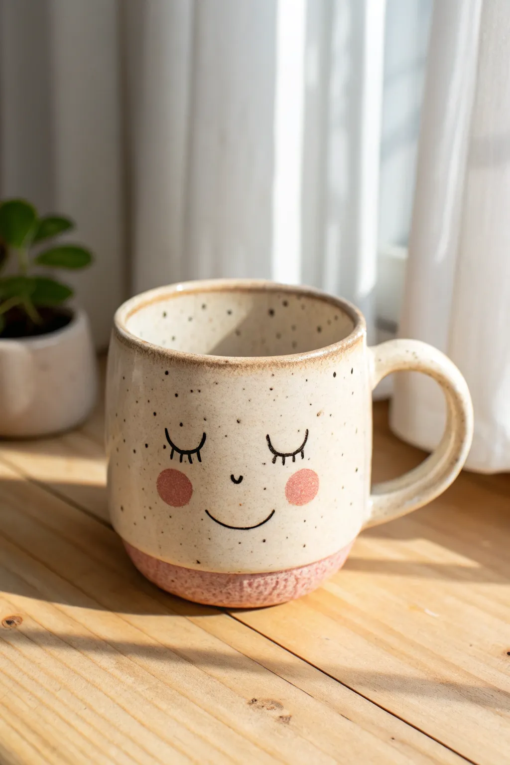 Rosy-cheek face mug in creamy glaze, minimal and sweet with a soft pink pop.