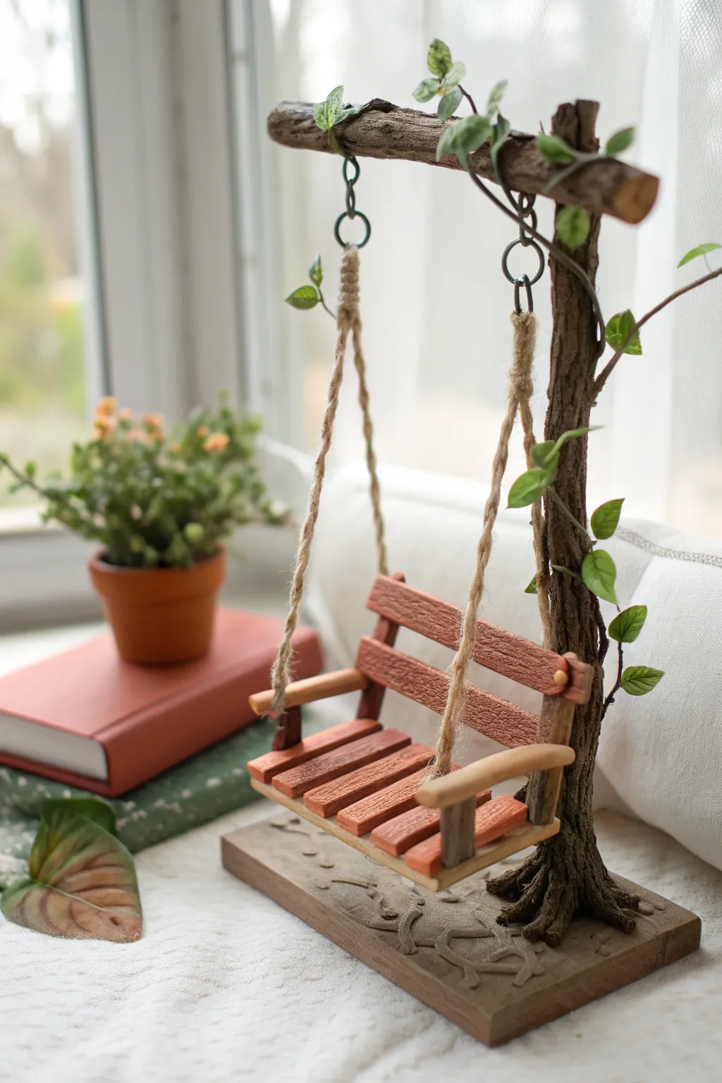 Mini clay fairy swing with leafy bench in bold boho colors, simple Scandinavian styling