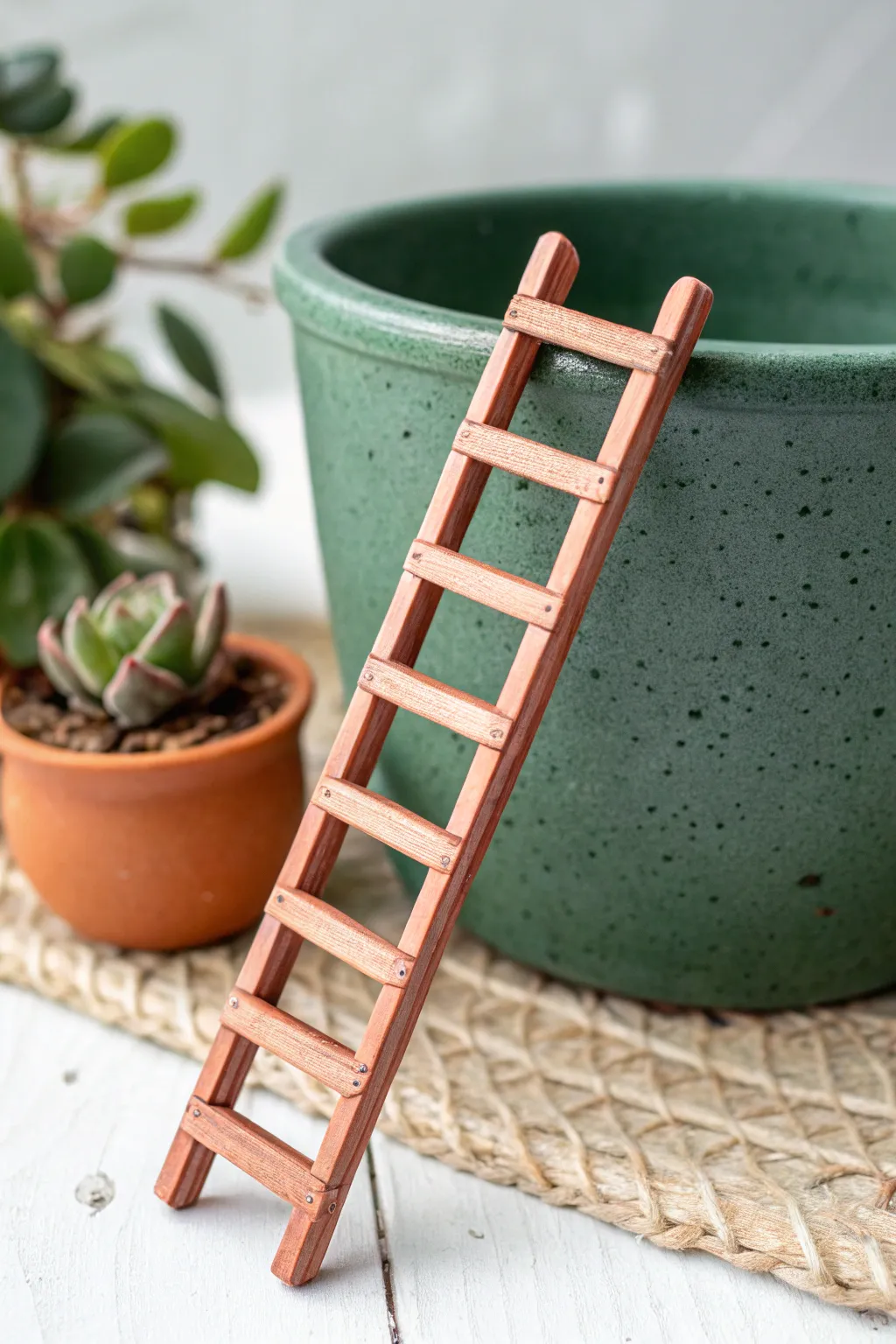 Sweet tiny clay ladder for fairy gardens, rustic rungs with Nordic boho simplicity.