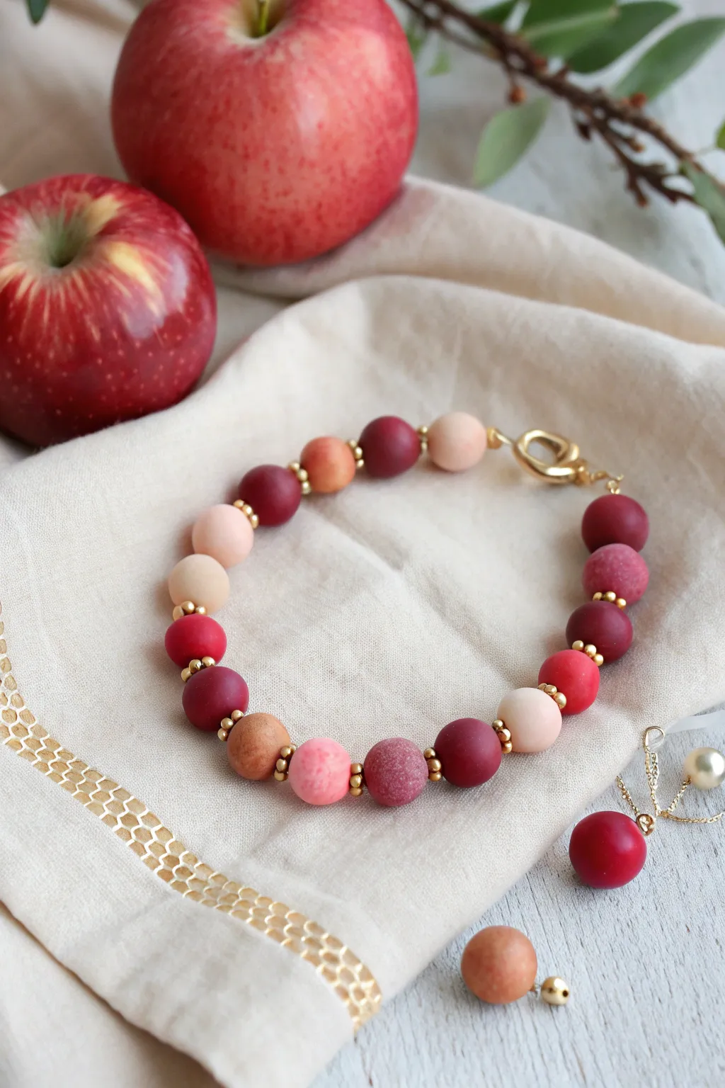 Cranberry, blush, and cream clay bead bracelet with a cozy apple orchard fall vibe