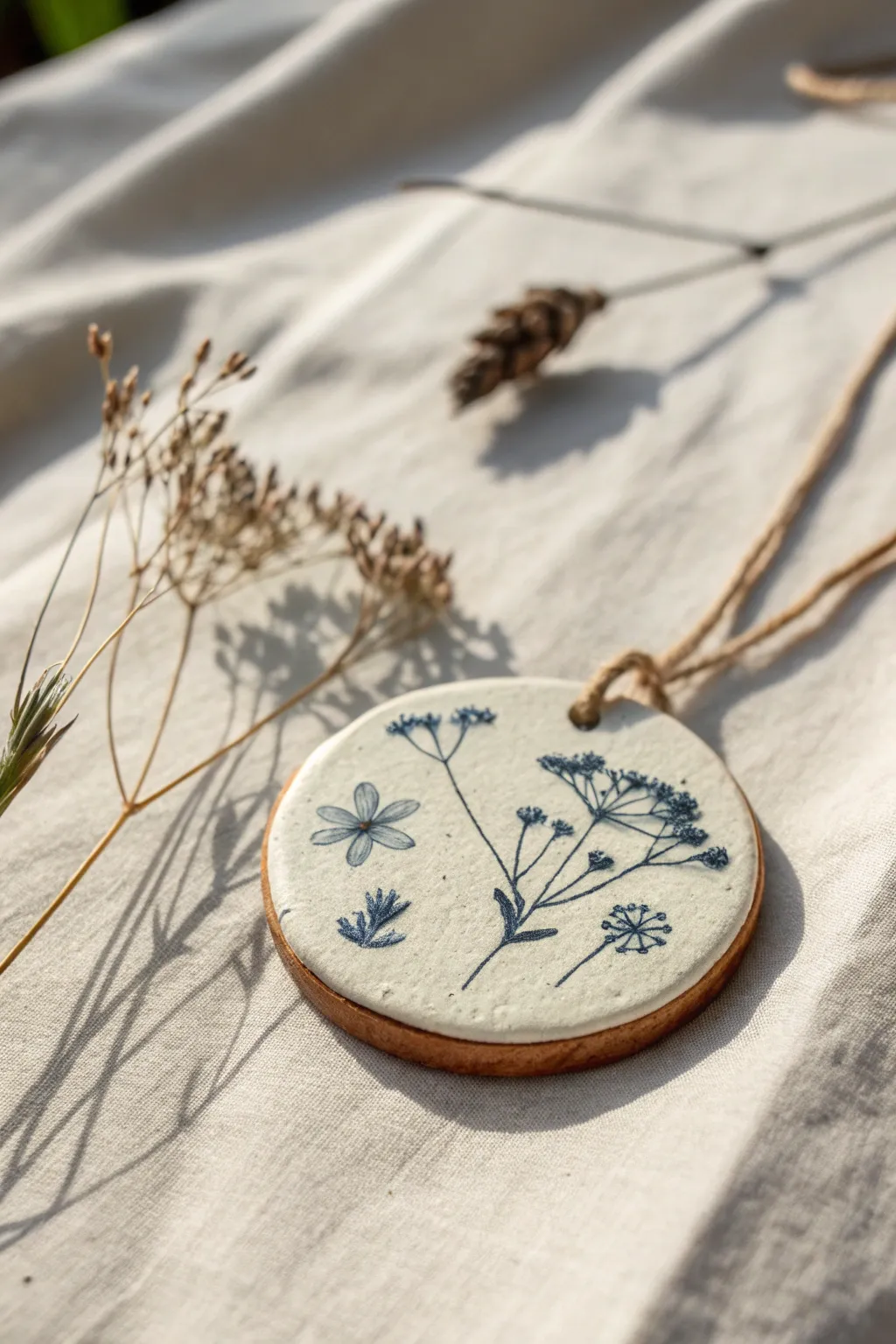 Pressed wildflower clay medallion in soft neutrals with an indigo wash, minimal Scandinavian styling.