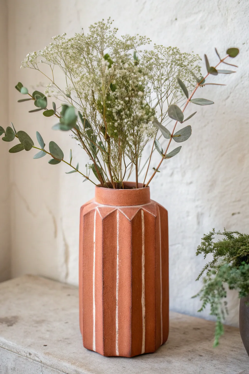 Straight sided slab vase with crisp seams, bold glaze, and minimalist stems for modern pottery.