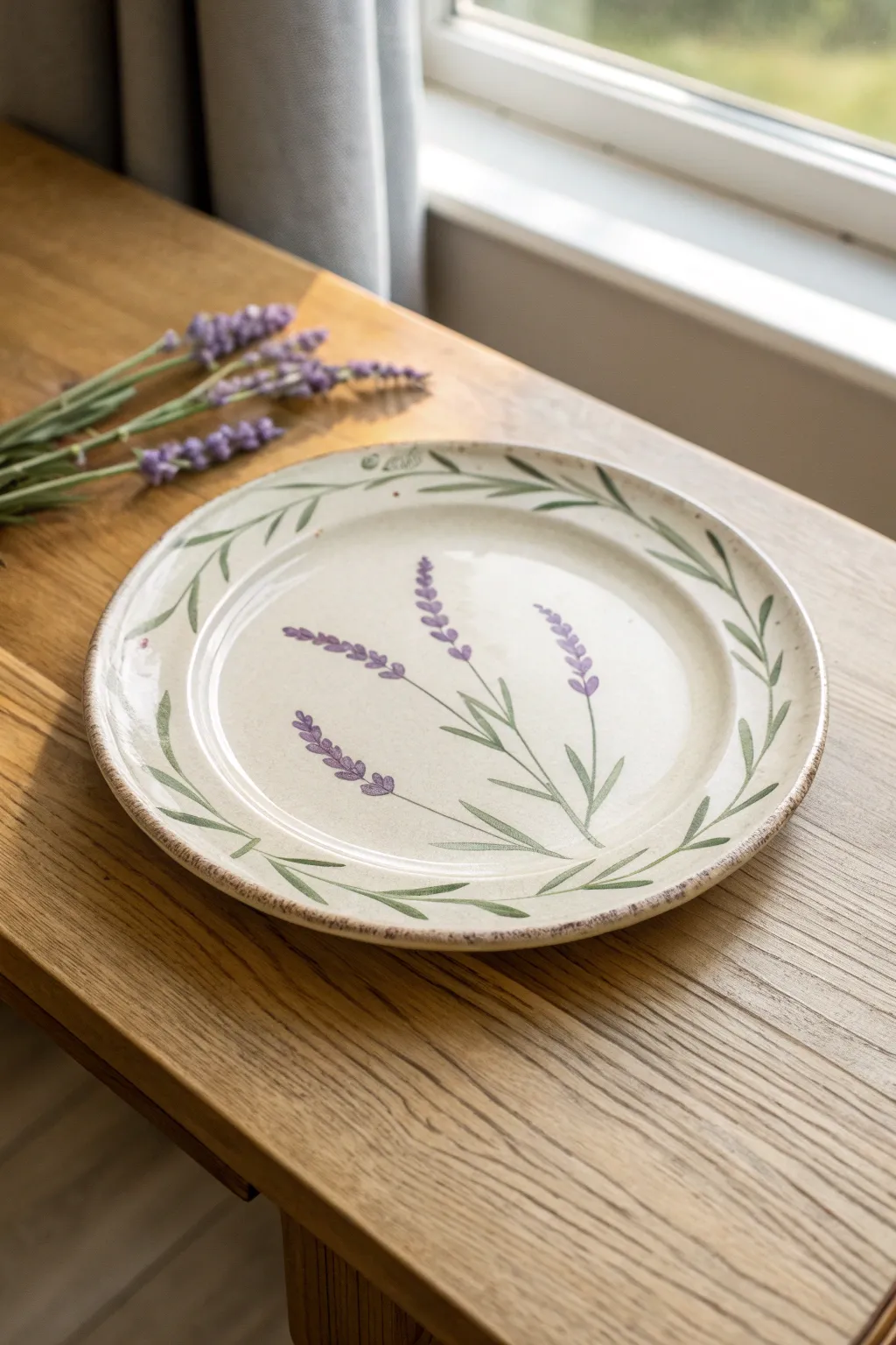 Sweet lavender sprigs and soft green herbs around the rim for a calm, cozy floral plate.
