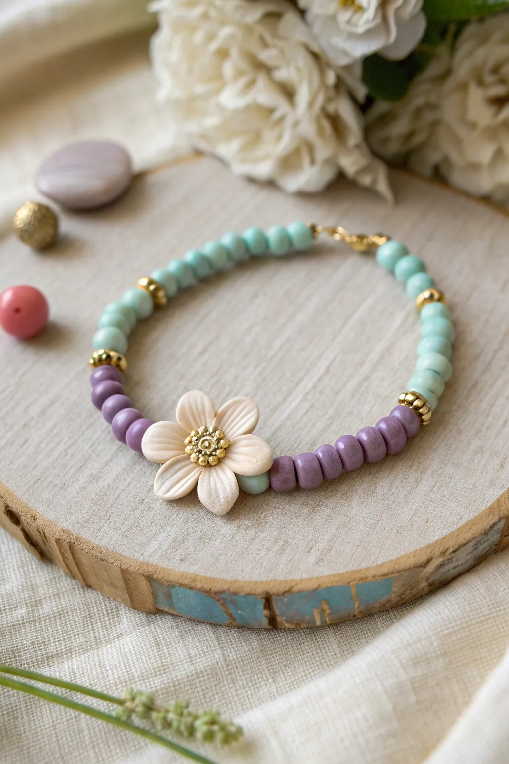 Bold lavender and mint color blocks frame a flower center for a clean, modern clay bracelet.