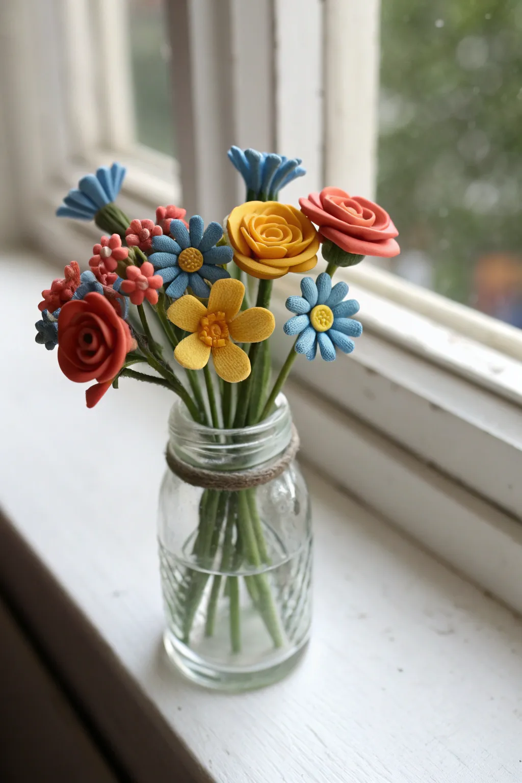 A tiny jar of handmade clay wildflowers, simple shapes and bold colors for an easy bouquet.