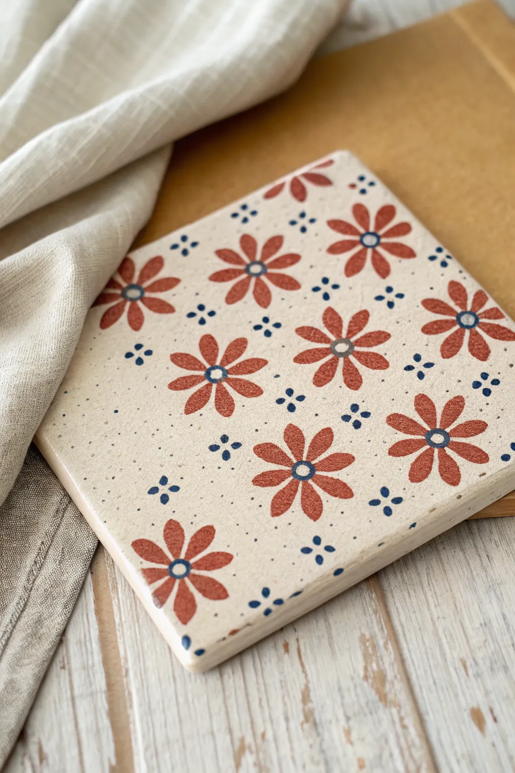 Repeating mini blossom clay tile with bold glaze pops, a simple handmade wallpaper effect