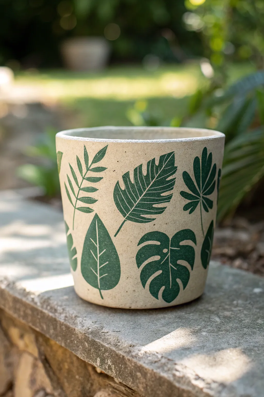 Bold leaf silhouettes on a minimal pot bring crisp contrast and calm Scandinavian charm.