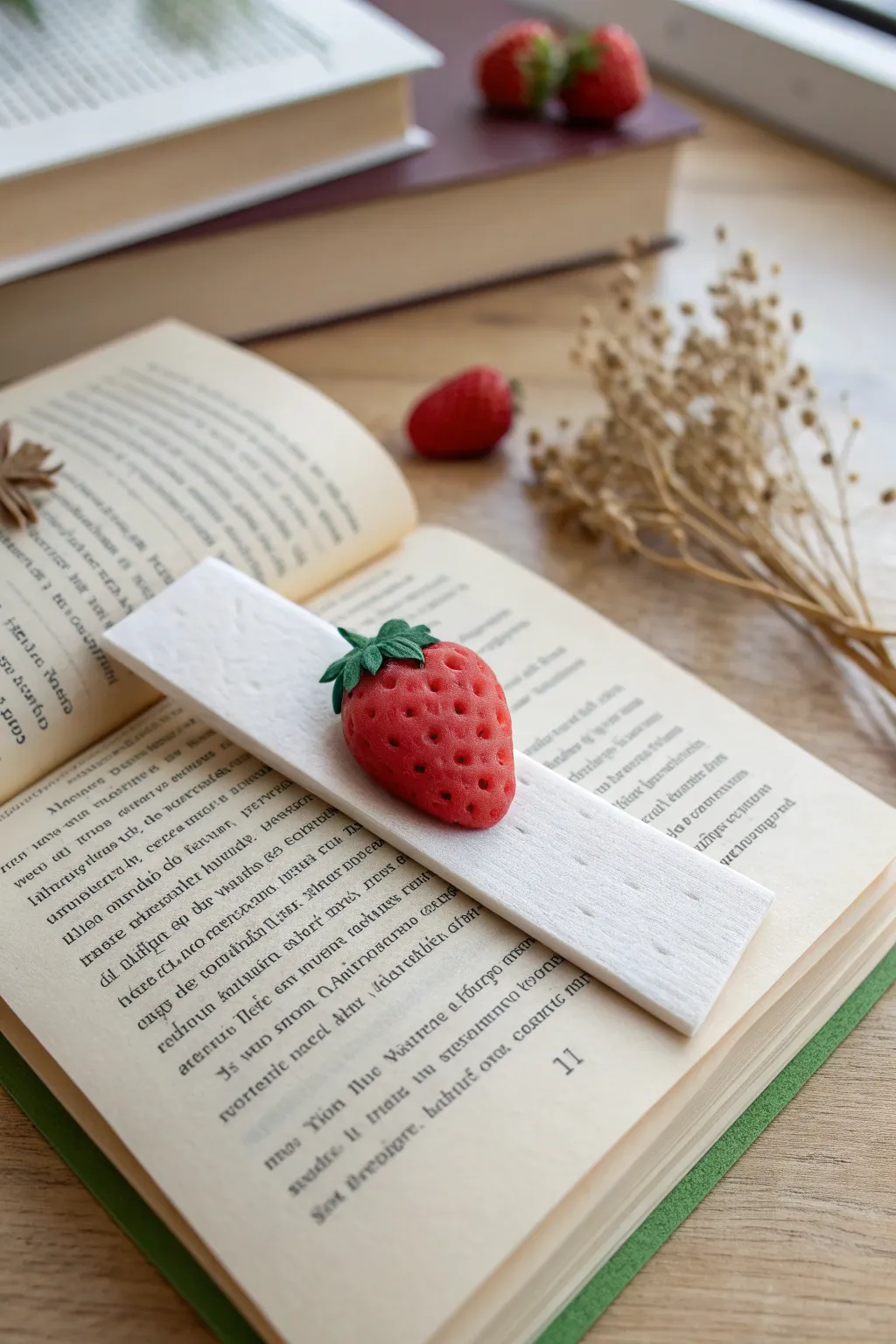Chunky foam clay bookmark with tiny strawberry topper, bold color on minimalist pages