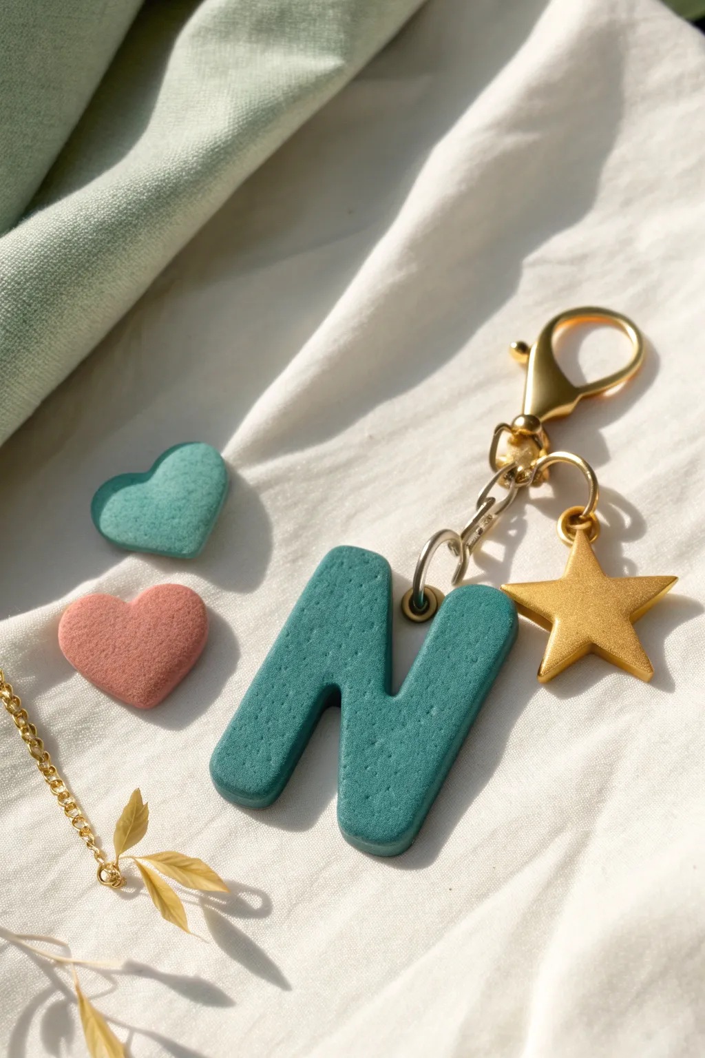 Beginner-friendly foam clay initial charm with cute heart and star accents in bold, clean colors.