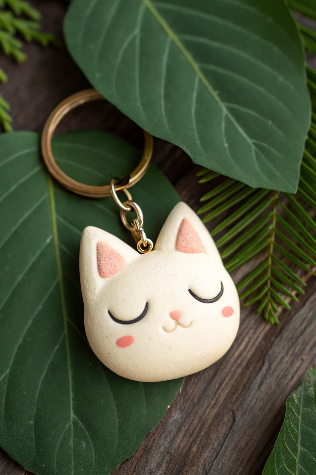 Sleepy cat foam clay keychain with blush cheeks, minimalist boho charm in bold contrast.