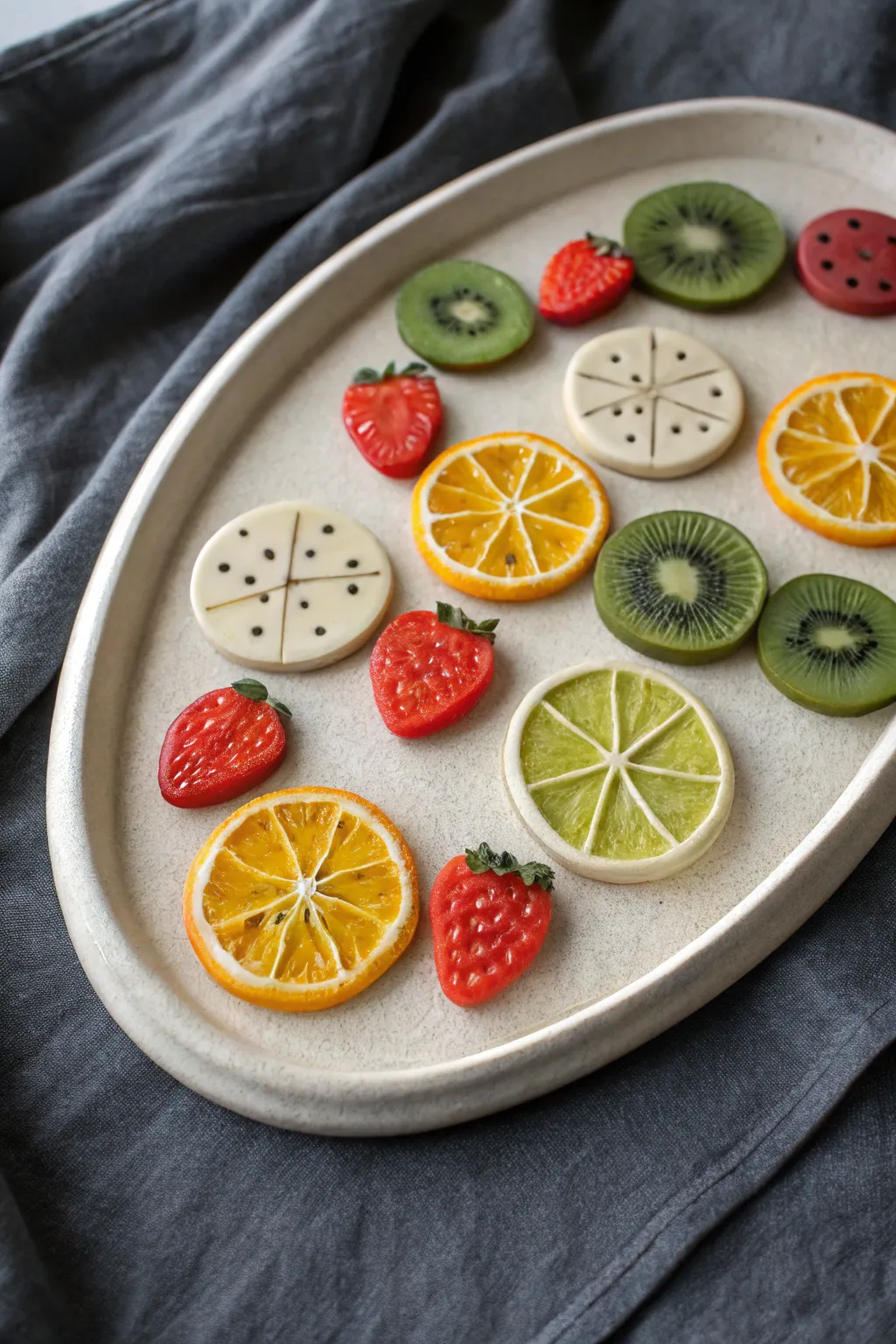 Juicy clay fruit slices with glossy finish, styled on a minimalist ceramic snack board