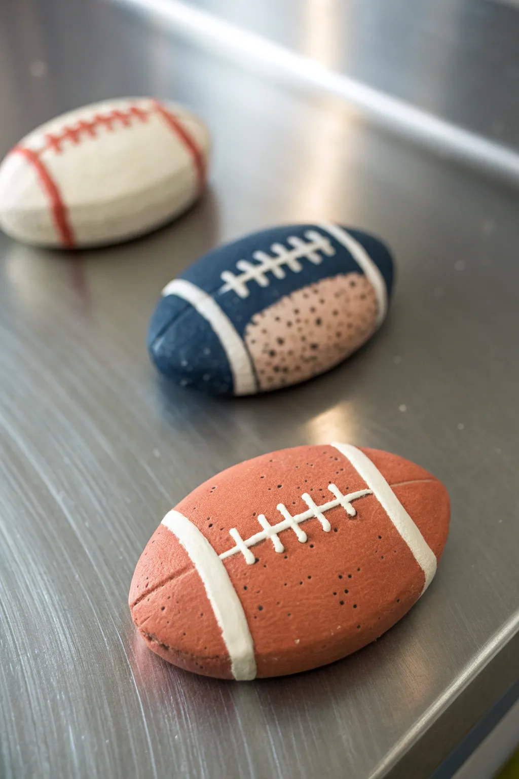 Chunky clay football fridge magnets in bold Scandinavian tones, simple and giftable.