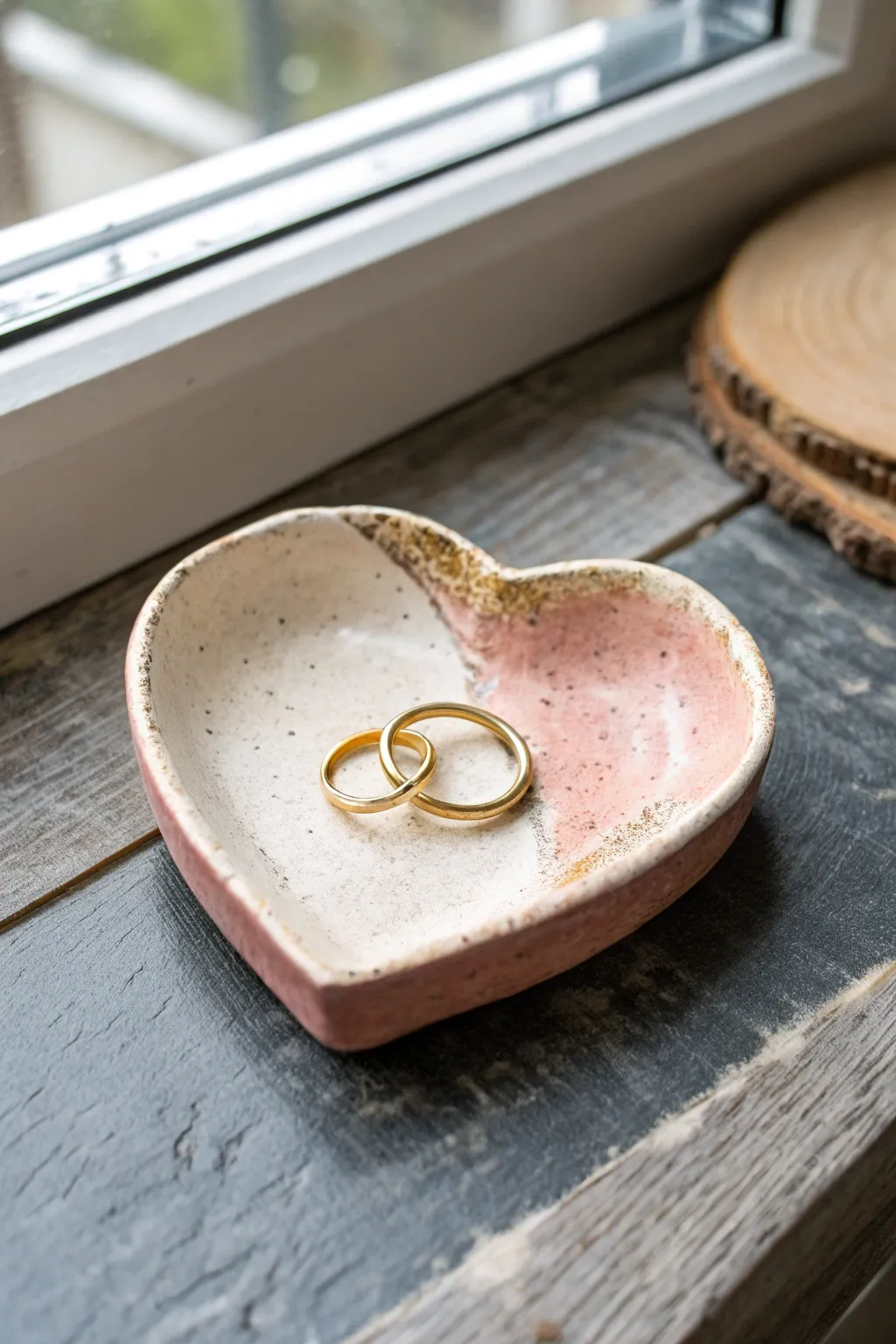 Sweet heart trinket dish in blush speckle glaze, perfect for rings and tiny treasures.